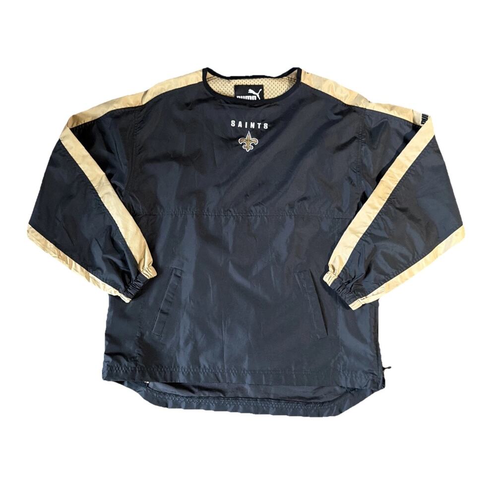Y2K Puma New Orleans Saints NFL Pullover Windbreaker Jacket Sz M Black Gold